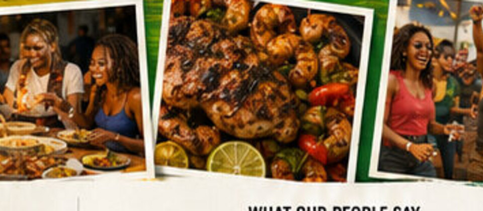 Friends enjoying Jamaican food together